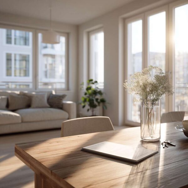 Helle, moderne Wohnung mit Sofa und Holztisch im Vordergrund